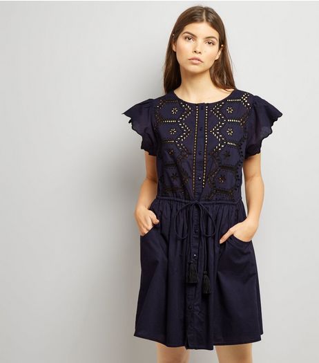 Navy Cut Out Short Sleeve Skater Dress | New Look
