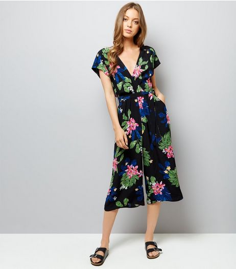 Black Floral Print Tie Waist Jumpsuit | New Look