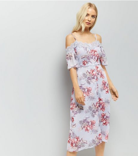 Lilac Floral Lace Trim Cold Shoulder Midi Dress | New Look