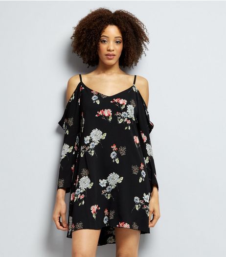 AX Paris Black Floral Print Cold Shoulder Dress | New Look