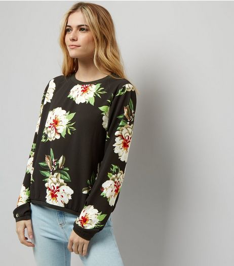 Cameo Rose Black Floral Print Long Sleeve Sweater | New Look