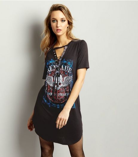 Cameo Rose Black Lace Up Choker Neck Rock T-Shirt | New Look