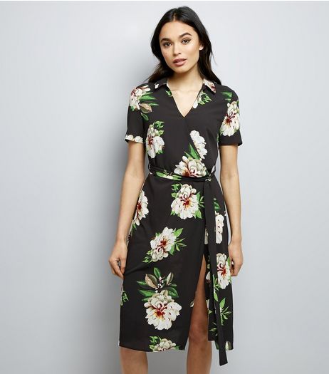 Cameo Rose Black Floral Wrap Front Midi Dress | New Look