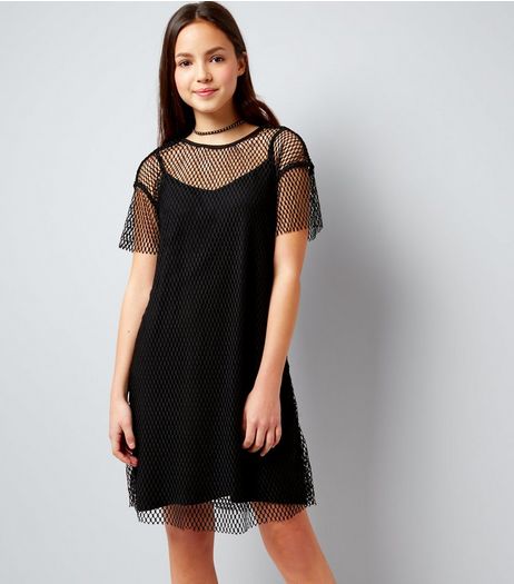 Teens Black Wide Mesh T-Shirt Dress | New Look