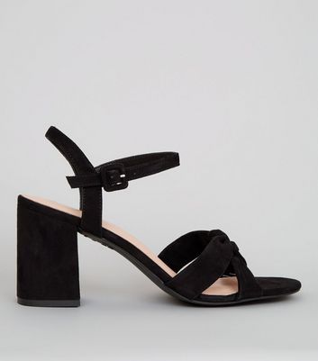 wide fit black suedette cross strap block heels
