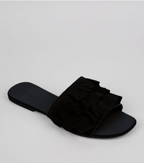 Black Suede Frill Strap Mules | New Look