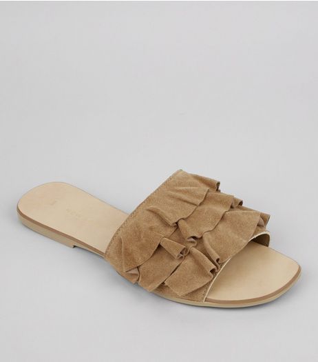 Brown Suede Frill Strap Mules | New Look