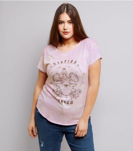 Curves Pink Tie Dye Zodiac Print T-Shirt | New Look