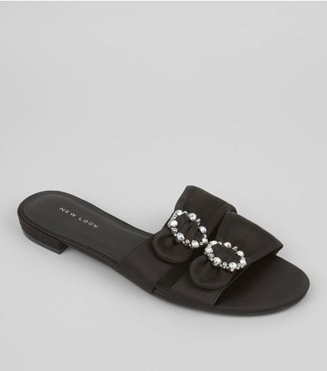 Black Satin Diamante Circle Mules | New Look