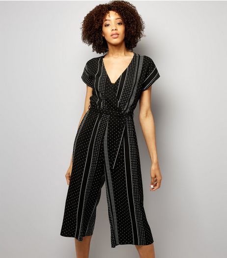 Black Spot Print Wrap Front Culotte Jumpsuit | New Look