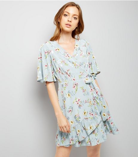 Blue Floral Print Wrap Front Dress | New Look