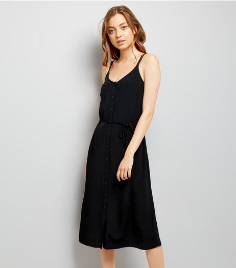 Black Button Front Midi Dress | New Look