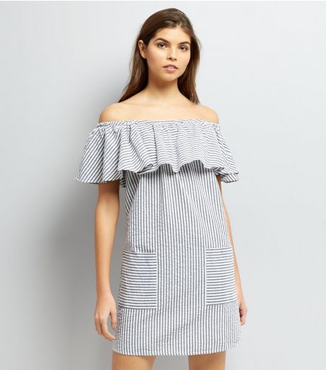 Blue Stripe Frill Trim Bardot Neck Dress | New Look