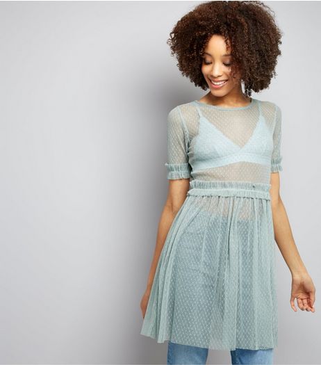 Pale Blue Spot Mesh Frill Trim Skater Dress | New Look