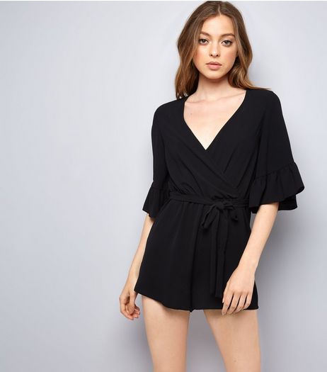 Black Bell Sleeve Wrap Front Playsuit | New Look