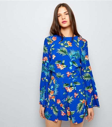 Blue Tropical Floral Tie Waist Playsuit | New Look