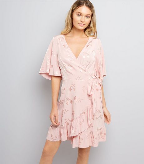 Pink Floral Jacquard Wrap Front Dress | New Look