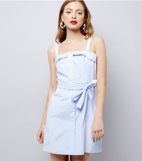 Blue Stripe Button Front Tie Waist Dress | New Look