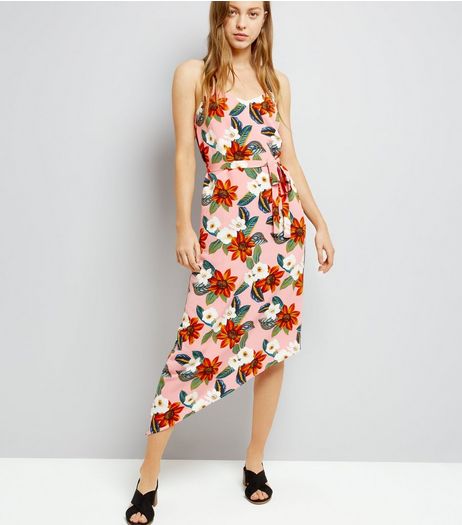 Pink Tropical Print Asymmetric Hem Midi Dress | New Look