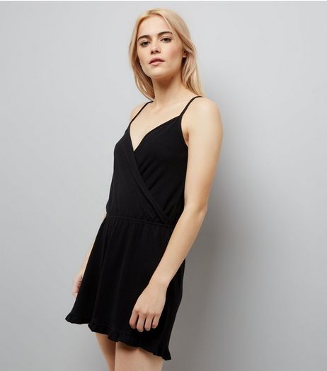 Black V Neck Frill Hem Wrap Playsuit | New Look