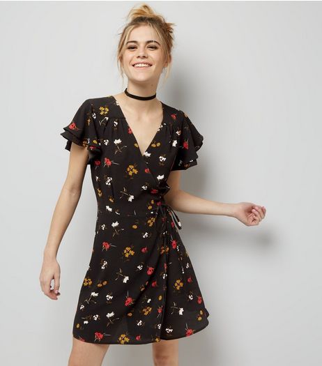 Cameo Rose Black Floral Print Wrap Front Dress | New Look