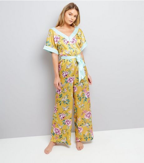 Yellow Satin Floral Lounge Jumpsuit | New Look