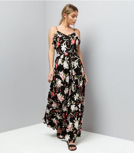 Black Floral Print Frill Trim Maxi Dress | New Look