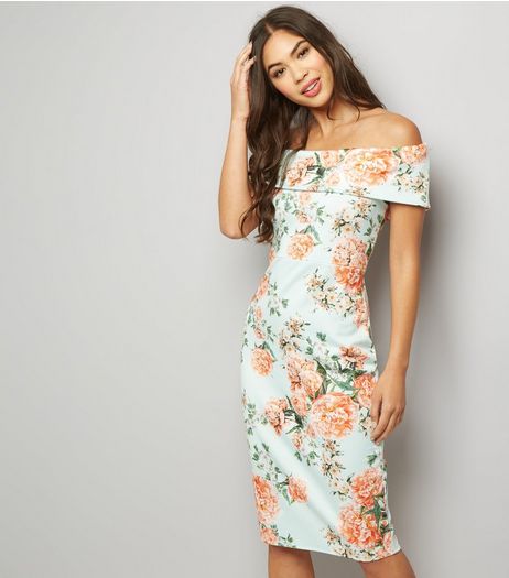 Mint Green Floral Print Bardot Neck Dress | New Look