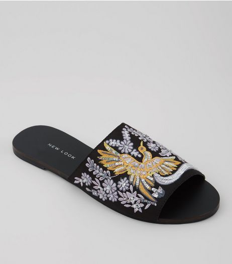 Wide Fit Black Bird Embroidered Mules | New Look