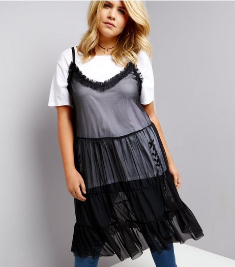 Curves Black Strappy Mesh Slip Dress | New Look