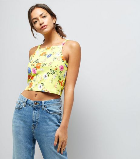 Yellow Floral Print High Neck Crop Top | New Look