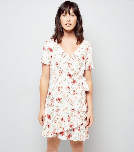 White Chintz Floral Print Frill Wrap Dress | New Look