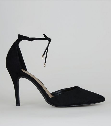 Black Suedette Pointed Toe Ankle Tie Heels, | New Look