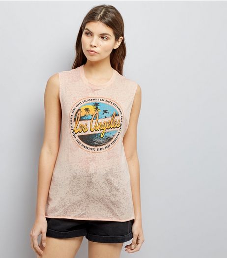 Coral Los Angeles Logo Ladder Back Tank Top | New Look