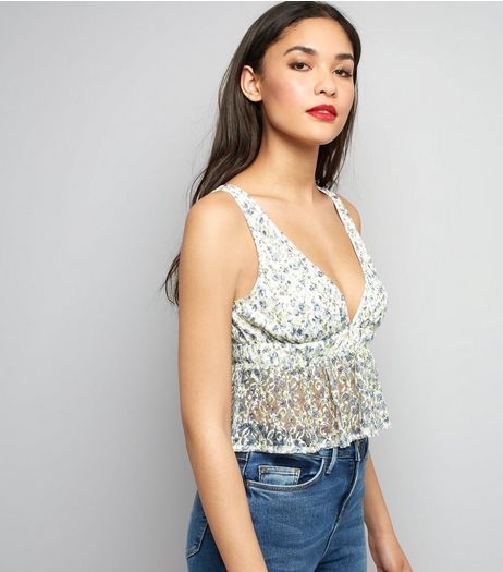 Cream Floral Print Frill Trim Bralet | New Look