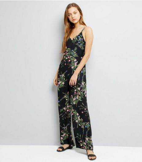 Black Floral Print Strappy Jumpsuit | New Look