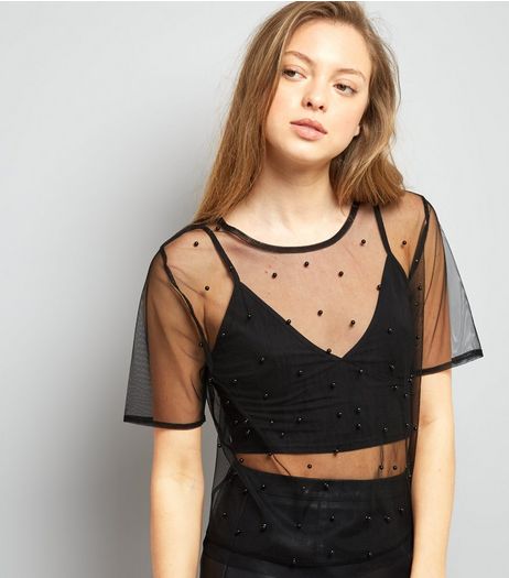Black Pearl Trim Mesh Top | New Look