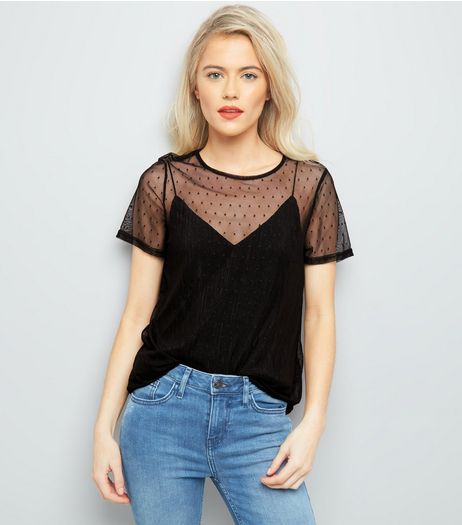 Black Spot Print Mesh T-Shirt | New Look