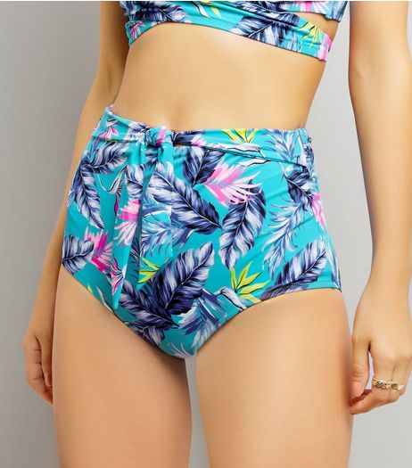 Blue Tropical Print Tie High Waist Bikini Bottoms | New Look
