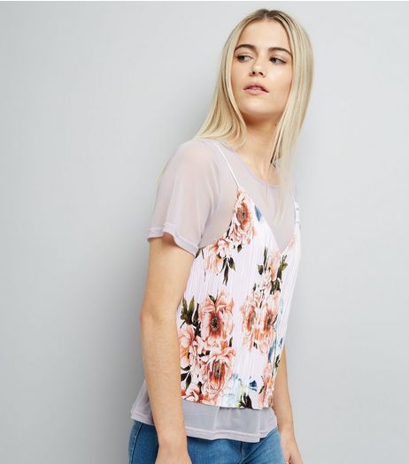 Shell Pink Mesh and Plisse Floral Print Cami Top | New Look