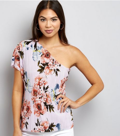 Bright Pink Pleated Floral Print Off the Shoulder Top | New Look