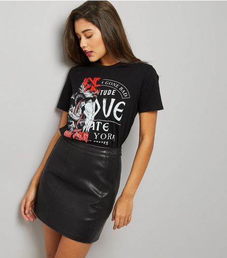 Black Seam Trim Leather-Look Mini Skirt | New Look