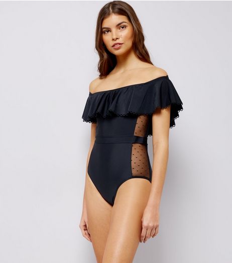Black Bardot Mesh Side Swimsuit | New Look