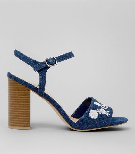 Wide Fit Blue Denim Floral Embroidered Block Heels | New Look