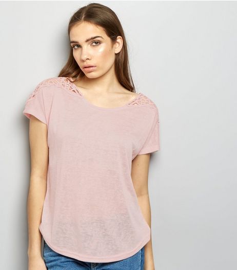 Apricot Pink Marl Crochet Lace Shoulder Top | New Look