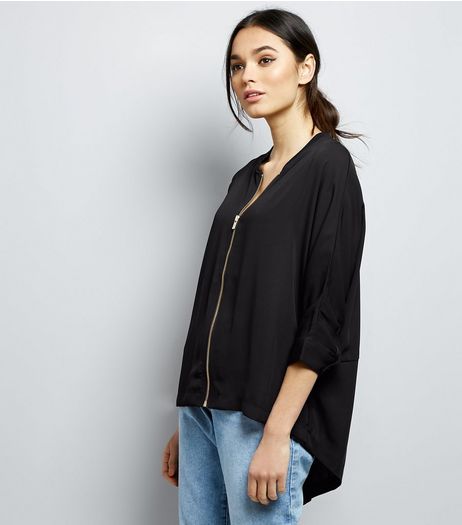 Apricot Black Zip Front Split Back Bomber Jacket | New Look
