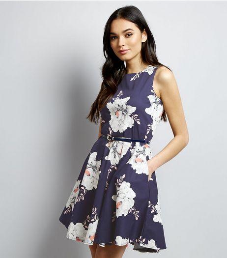 Apricot Navy Floral Print Belted Skater Dress | New Look