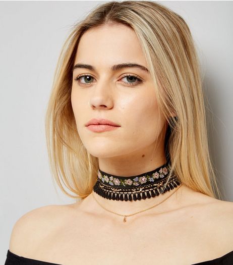 3 Pack Black Embroidered Fringe Trim Chokers | New Look