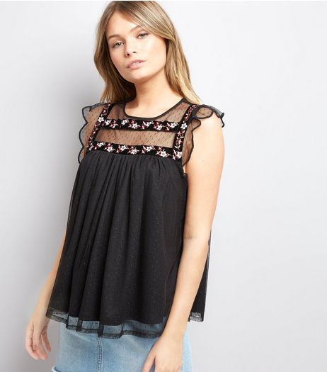 Black Polkadot Floral Embroidered Smock Top | New Look