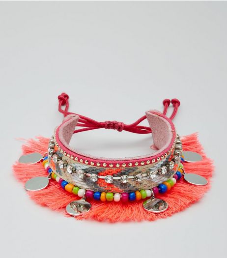 Pink Fringe and Bead Trim Anklet Arm Cuff | New Look